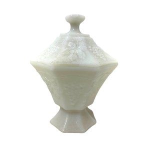 MilkGlass Candy Dish Grapes Leaves Octagon Pedestal